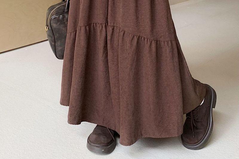 High Rise Plain Ruched Maxi A-Line Skirt Product Image