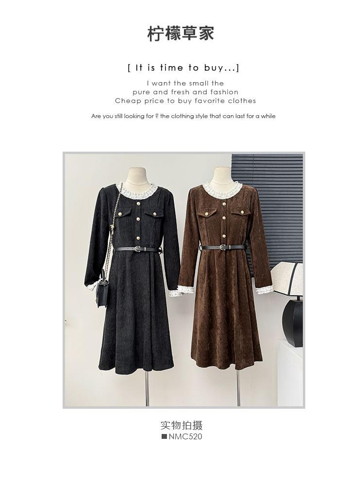 Corduroy Round Neck Dress With Belt Product Image