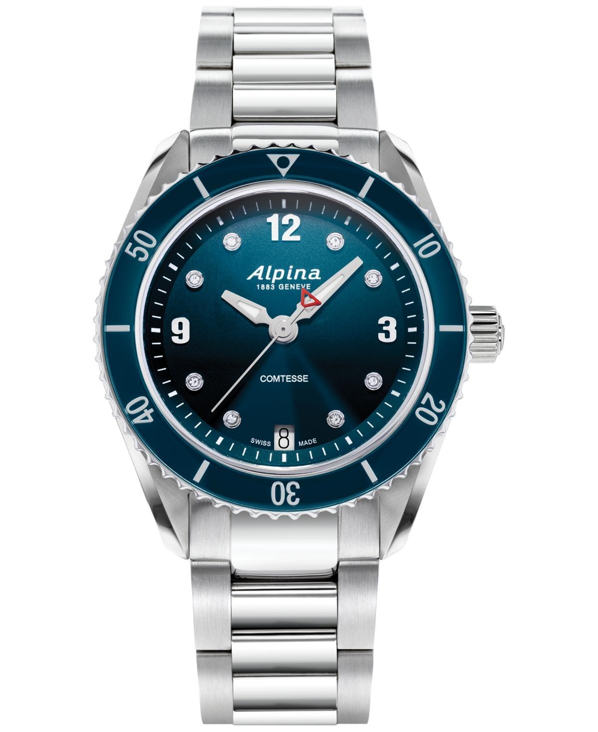 Alpina Womens Swiss Comtesse Diamond (1/20 ct. t.w.) Stainless Steel Bracelet Watch 37mm - Blue Product Image