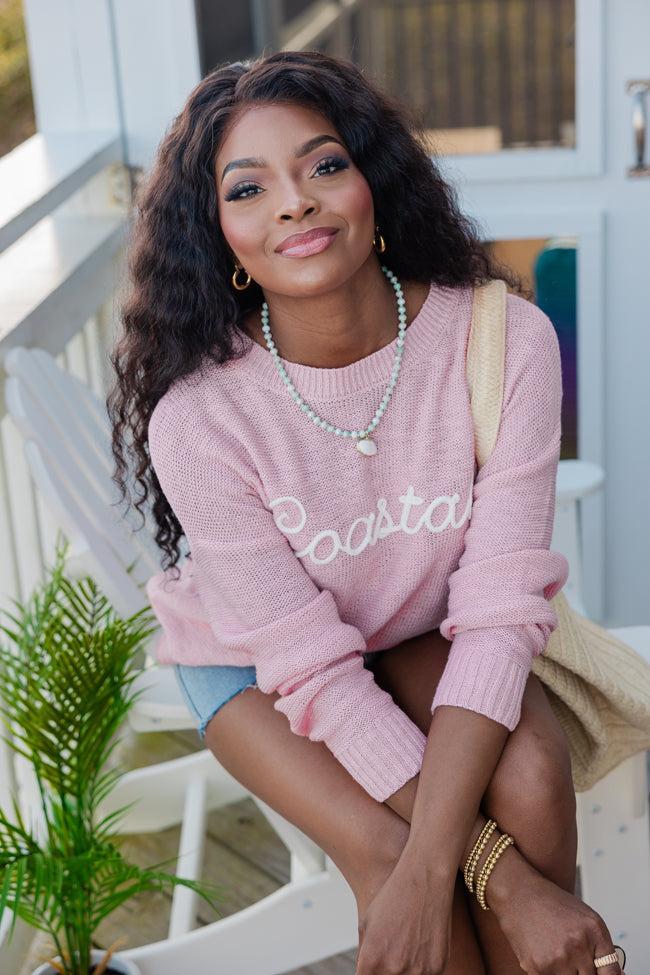 Off To The Beach Pink Coastal Script Sweater Product Image