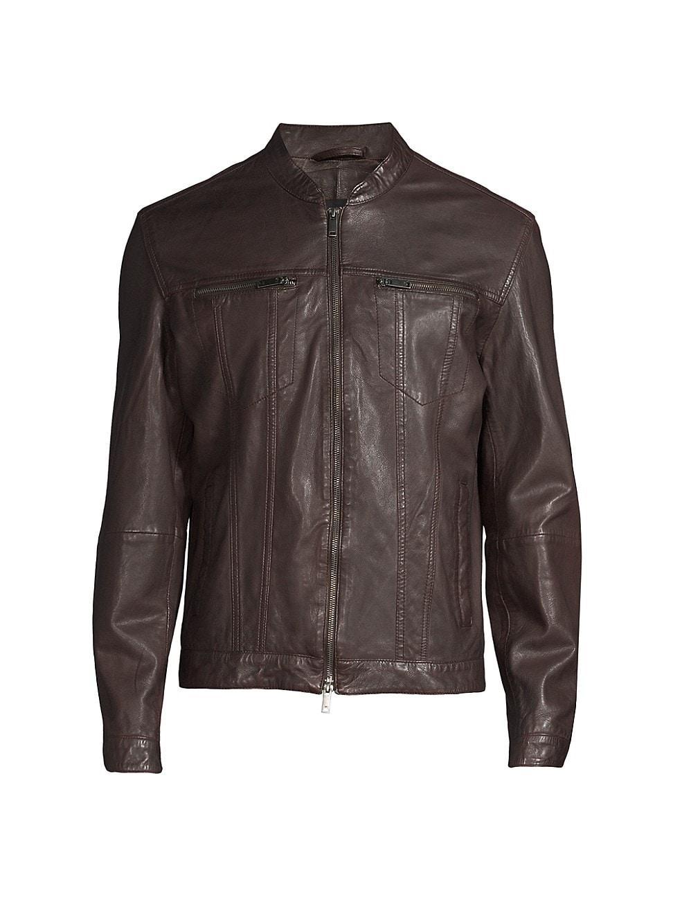 Mens Band Collar Leather Jacket Product Image