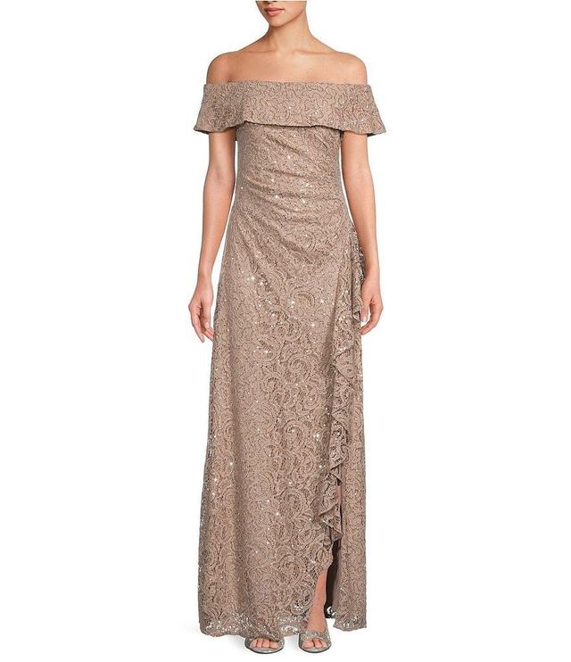 Alex Evenings Sleeveless Off-The-Shoulder Cascade Ruffle Front Slit Sequin Lace Gown Product Image