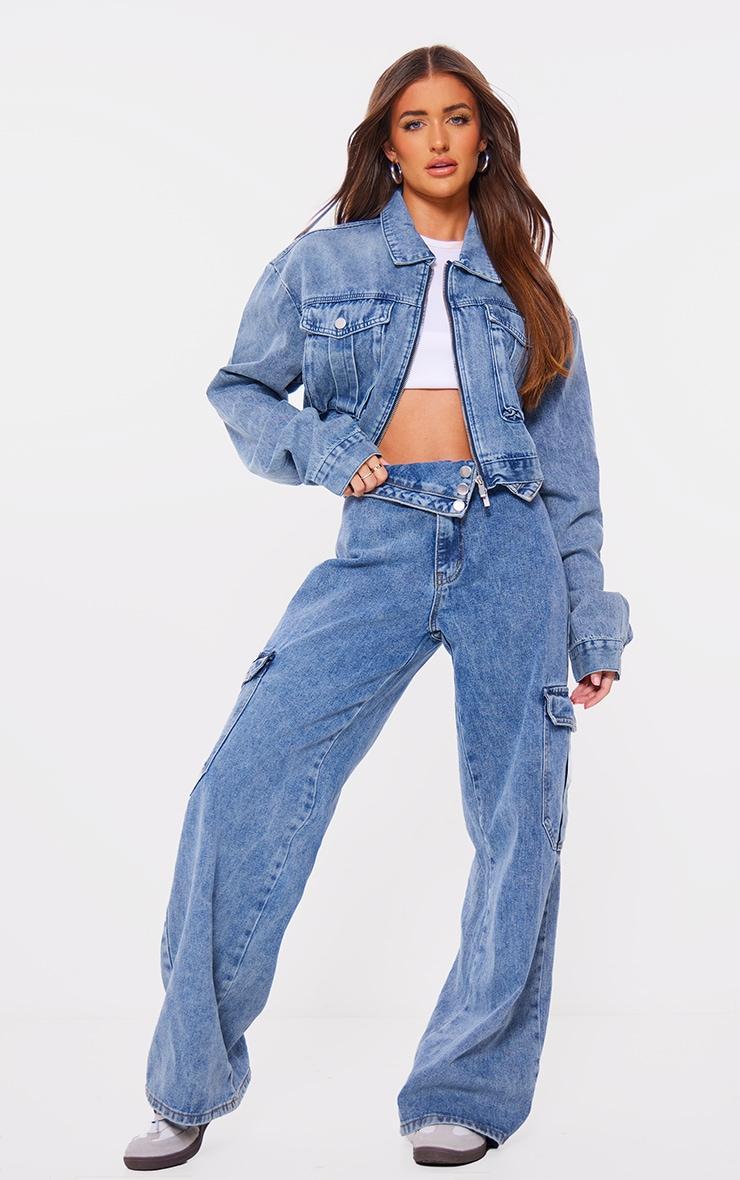 Mid Blue Wash Cropped Pocket Detail Denim Jacket Product Image