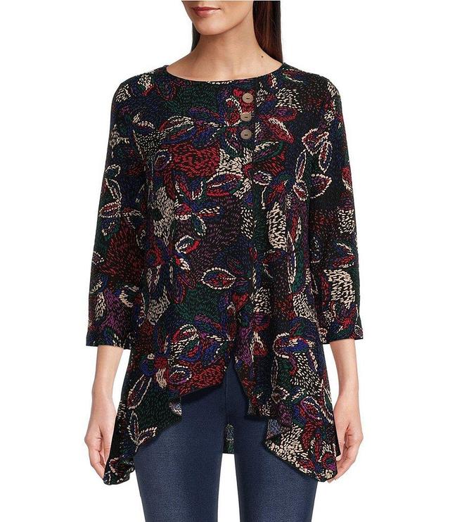 Calessa Textured Puckered Knit Printed Crew Neck 3/4 Sleeve Asymmetrical Tunic Product Image