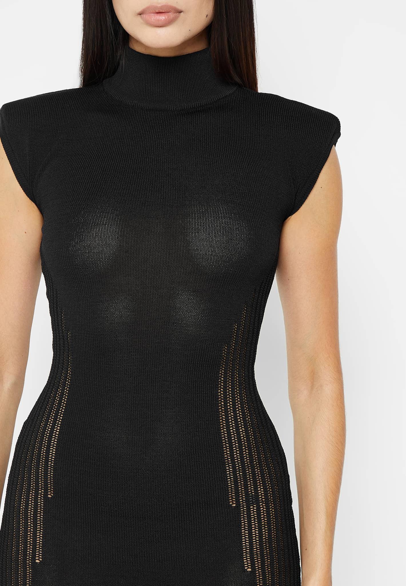 Knitted Contour Dress with Vegan Leather Sleeves - Black Female Product Image