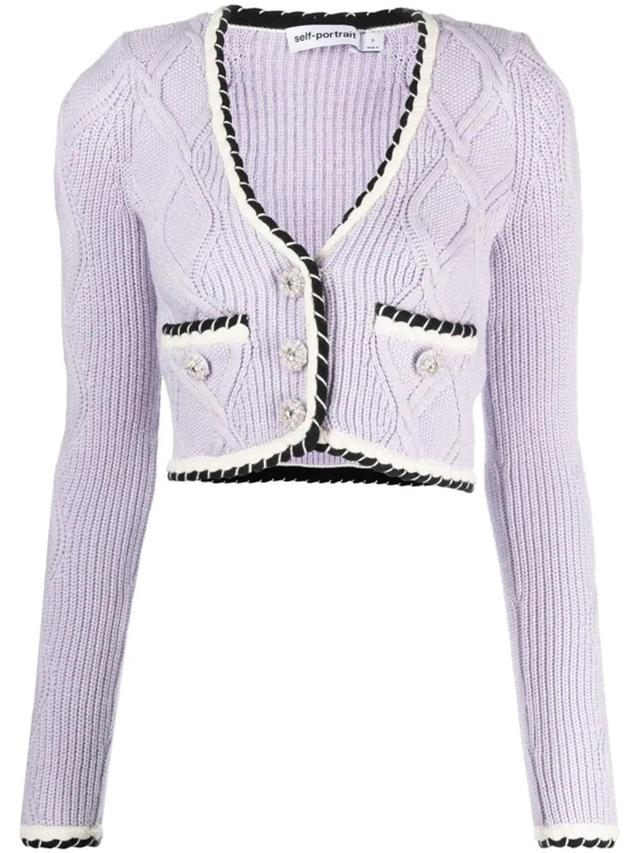 Cable Knit Cotton Blend Cardigan In Purple Product Image