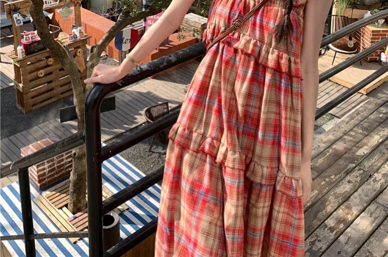 Tie-Shoulder Plaid Ruffled Midi A-Line Dress Product Image