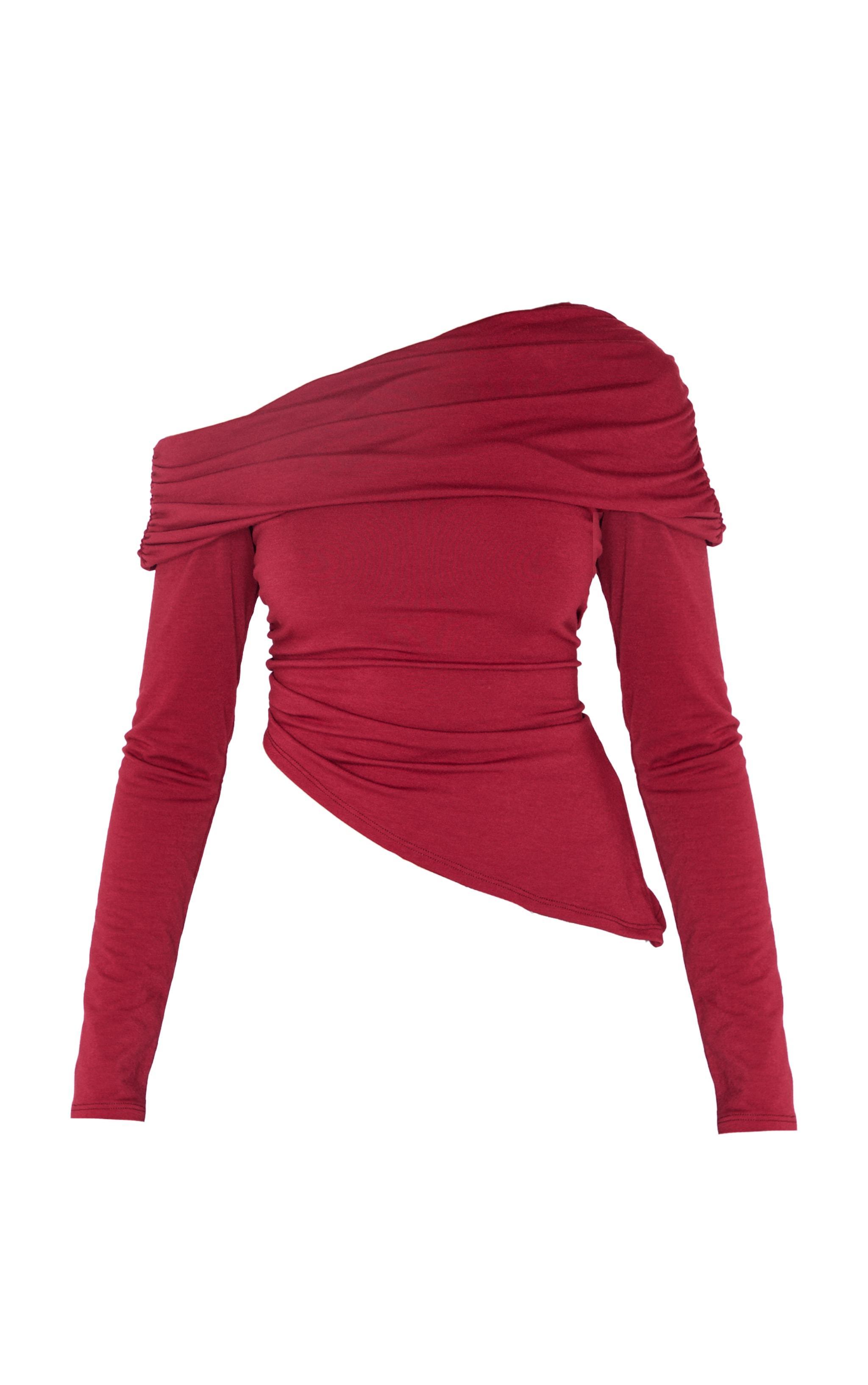 Burgundy Contour Jersey Fold Over Detail Bardot Long Sleeve Top Product Image