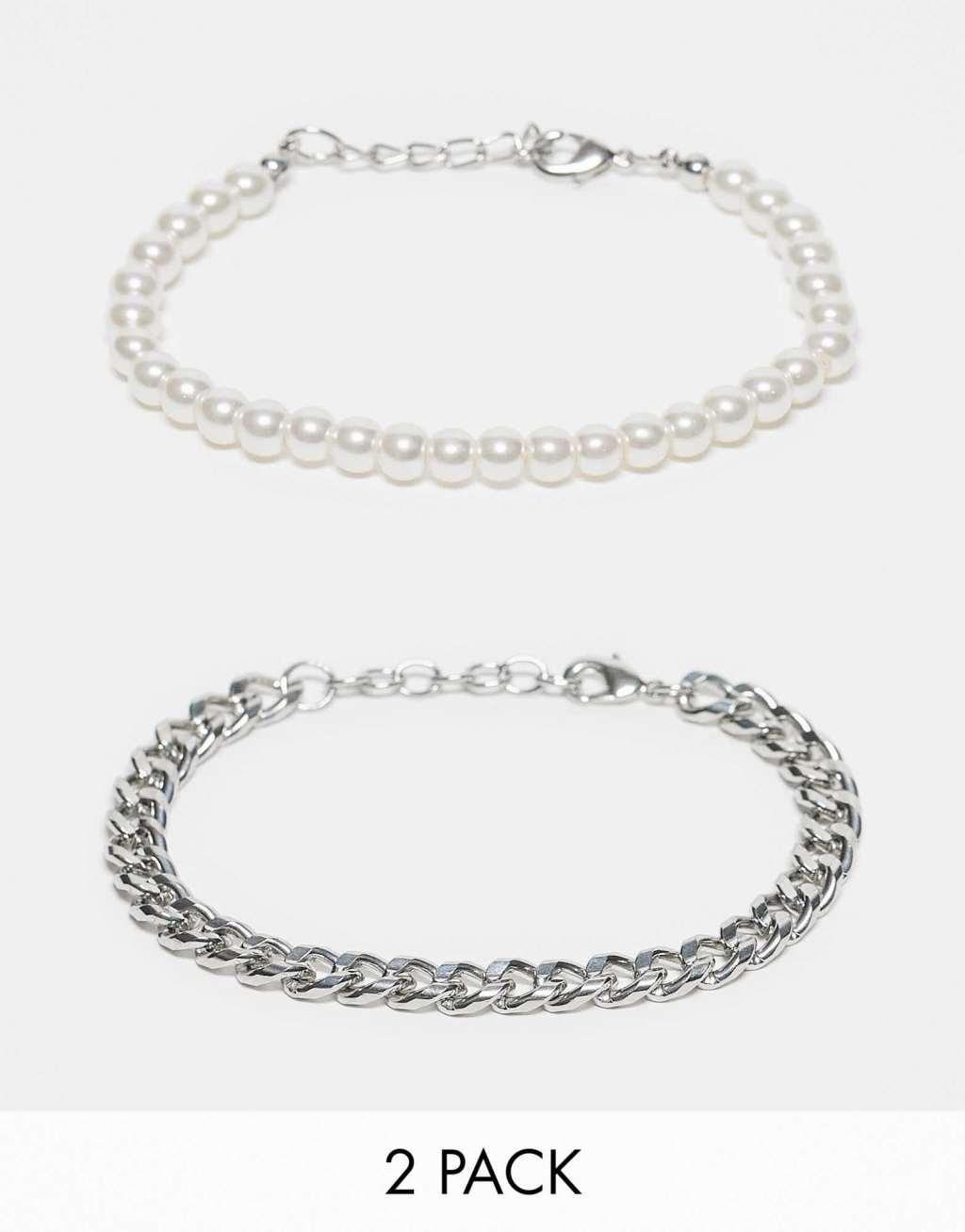 ASOS DESIGN 2 pack bracelet set with chain and 6mm faux pearl in silver tone Product Image