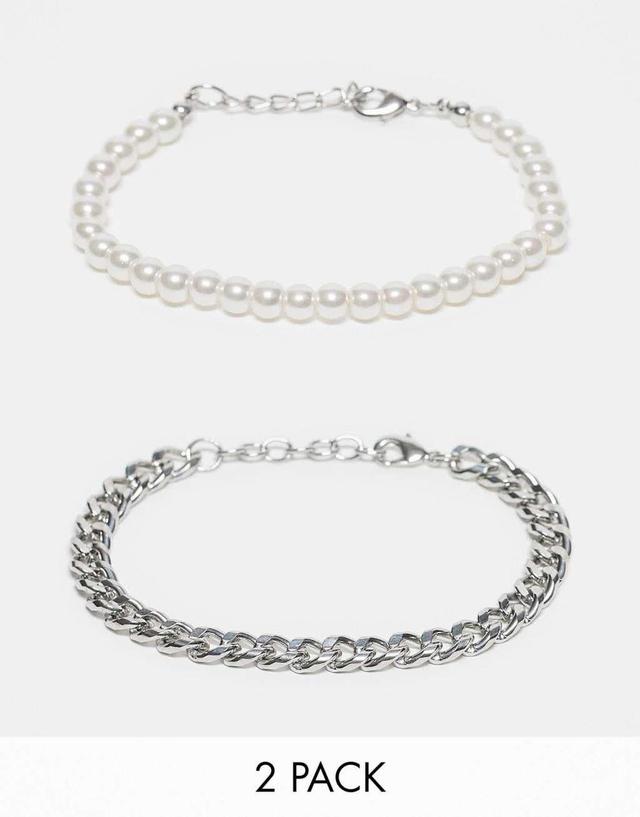 ASOS DESIGN 2 pack bracelet set with chain and 6mm faux pearl in silver tone Product Image