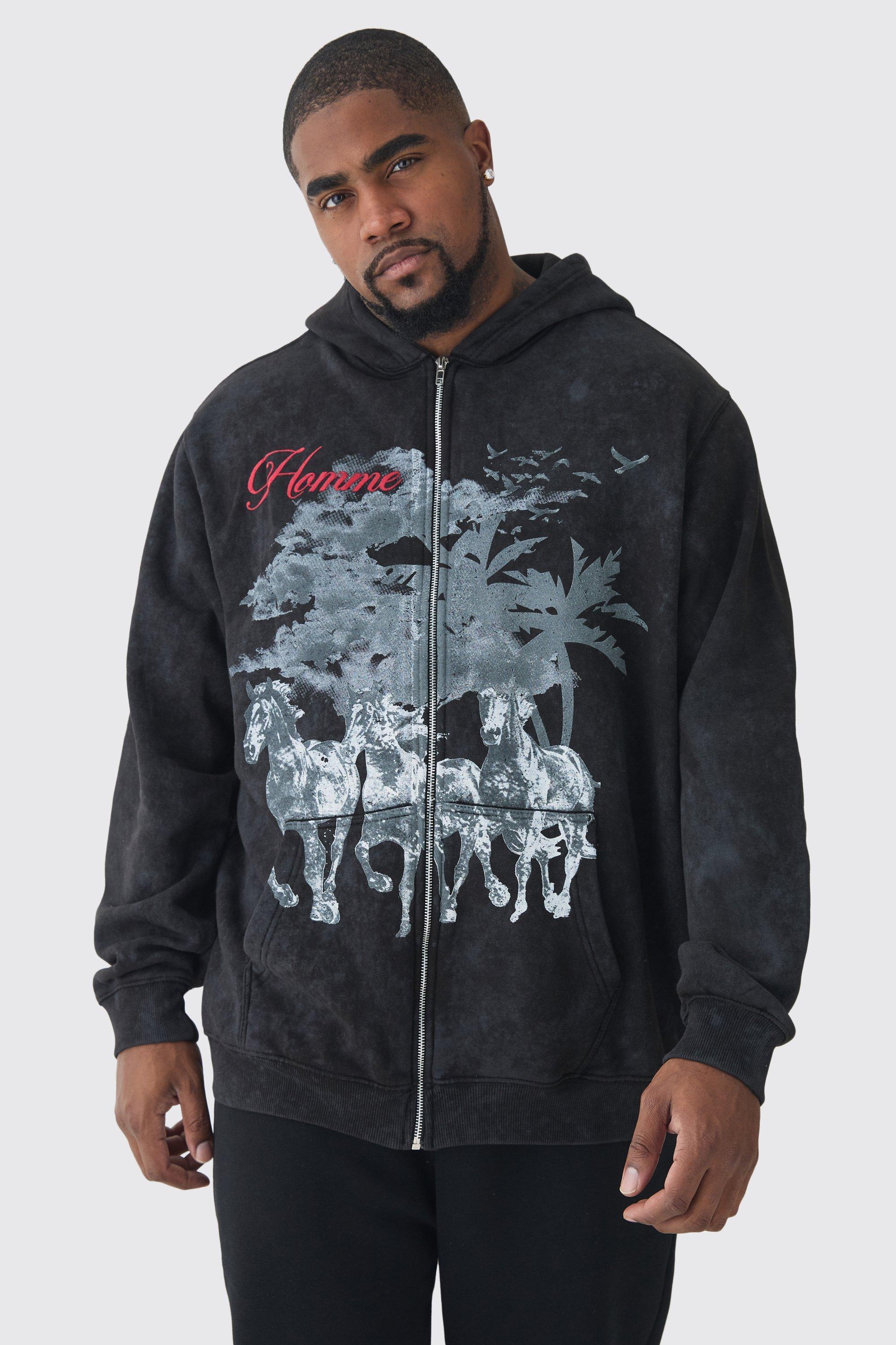 Mens Grey Plus Washed Horse Print Zip Through Hoodie, Grey Product Image