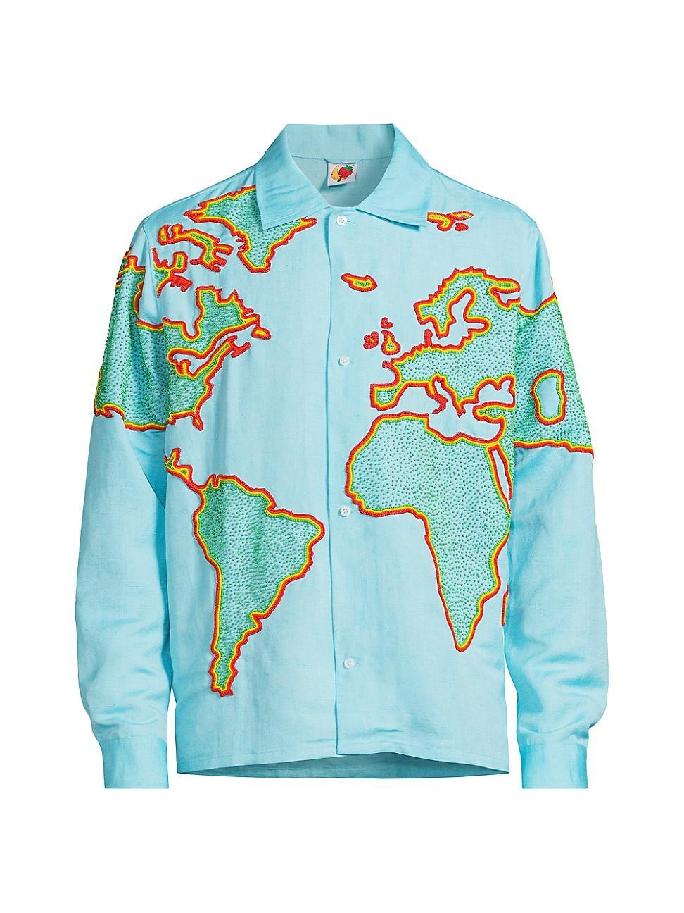 Mens World Map-Embroidered Linen-Blend Shirt Product Image