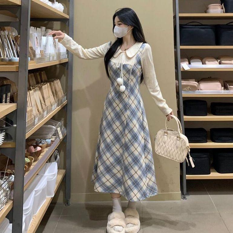 Mock Two-Piece Puff-Sleeve Plaid Bobble Midi A-Line Dress Product Image