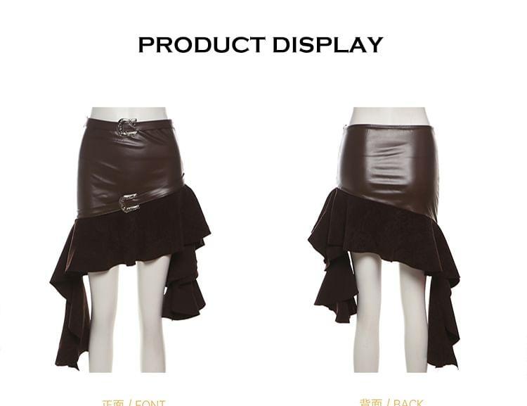 High Rise Plain Buckled Ruffle Asymmetrical Faux Leather Mini Pencil Skirt Product Image