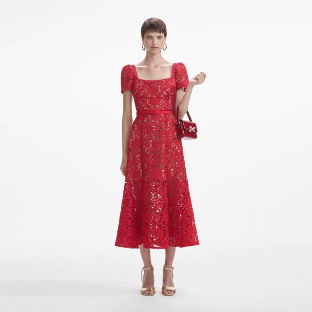 Red Floral Lace Midi Dress Product Image