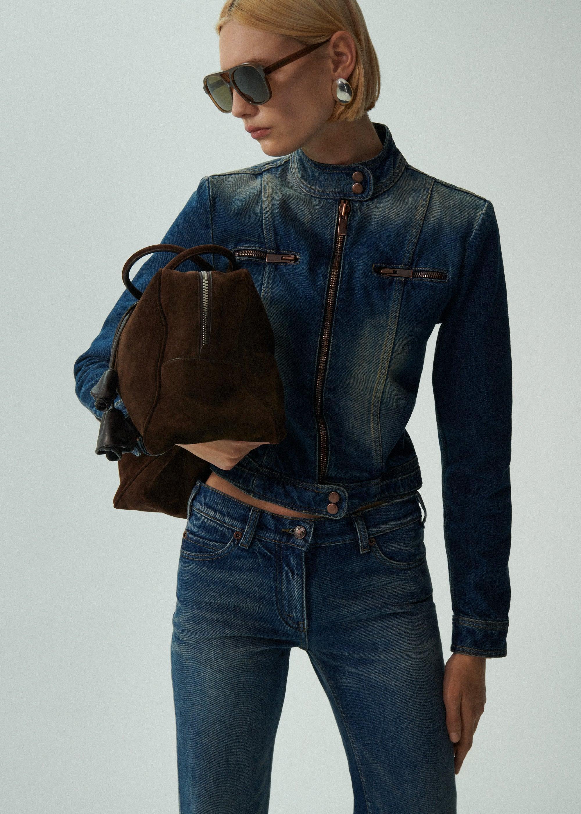 Zip up fitted denim jacket in vintage blue Product Image