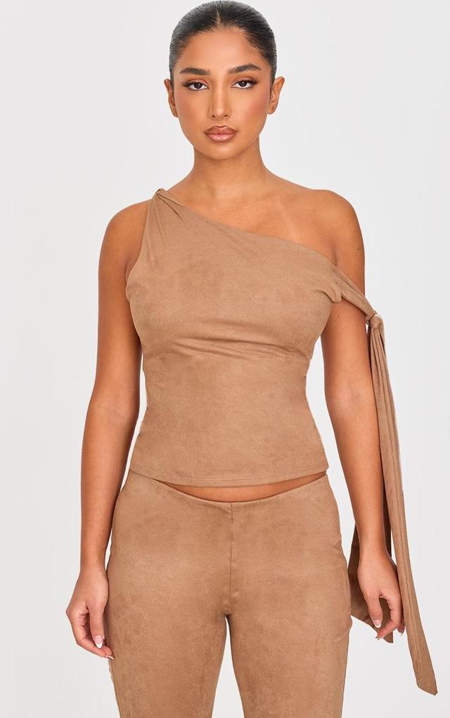 Petite Deep Taupe Faux Suede Tie Detail Long Top Product Image