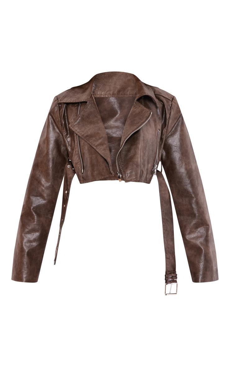 Petite Brown Faux Washed Leather Super Cropped Belted Biker Jacket Product Image