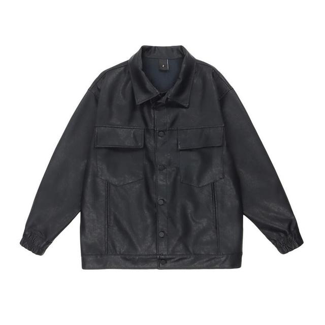 Collared Plain Button-Up Faux Leather Jacket Product Image