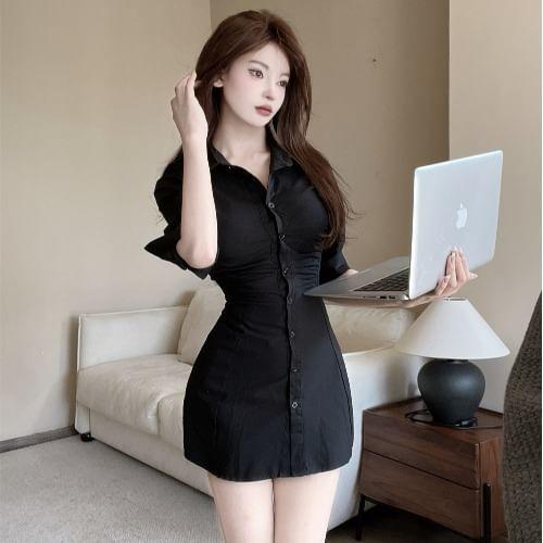 Elbow-Sleeve Collared Plain Ruched Mini Sheath Shirt Dress Product Image