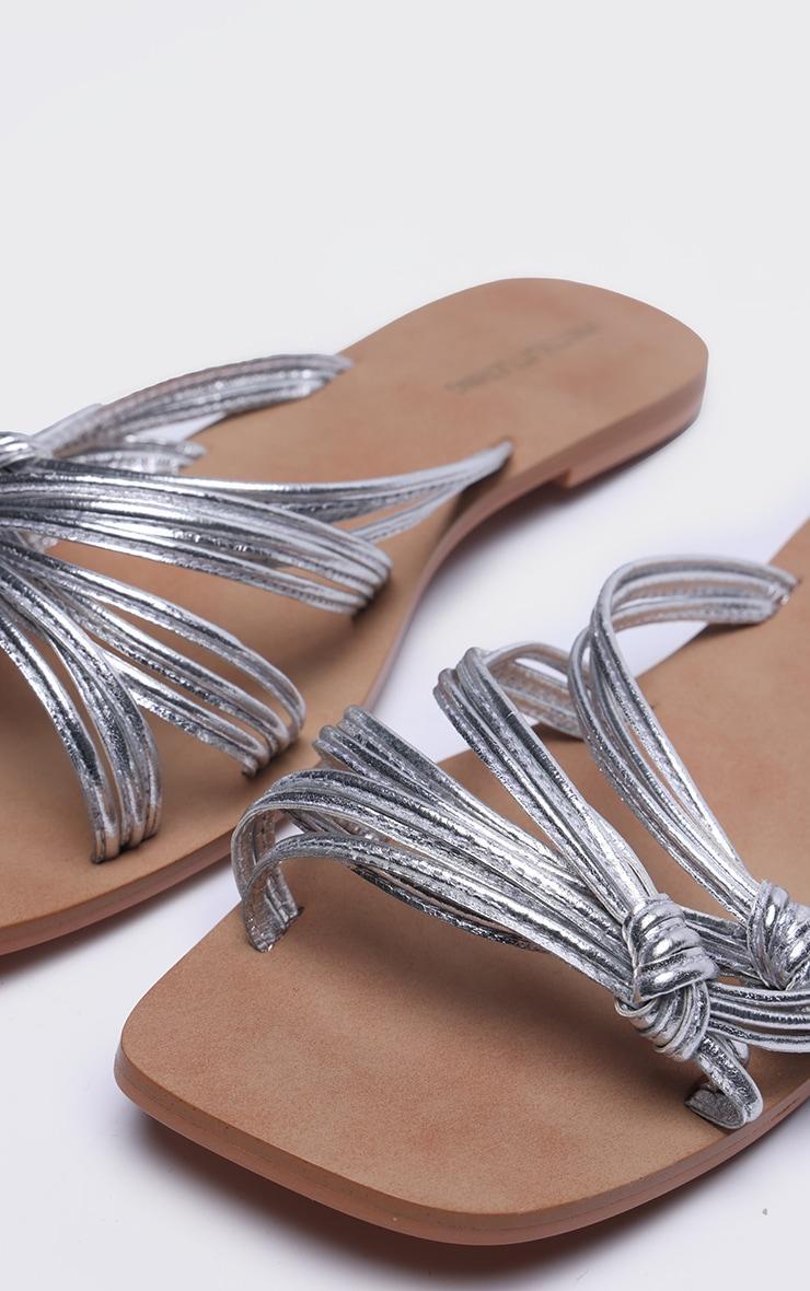 Silver Real Leather Square Toe Knotted Strap Flat Sandals Product Image