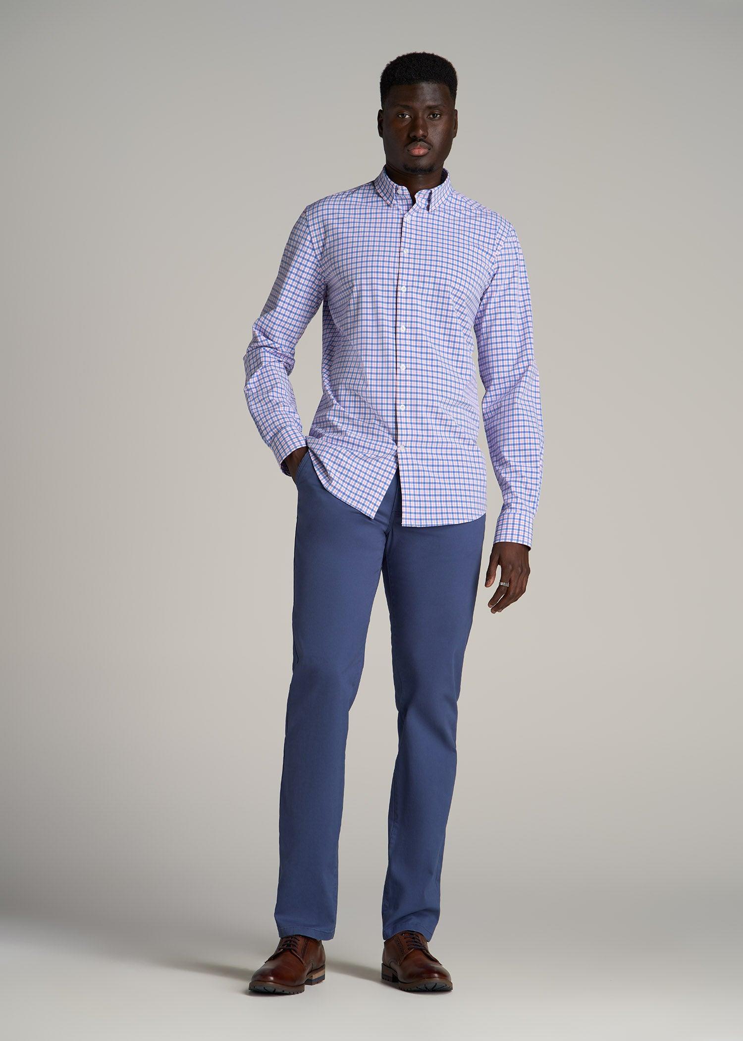 Traveler Stretch Dress Shirt for Tall Men in Blue and Rose Grid Product Image