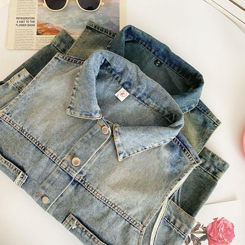 Sleeveless Collared Washed Denim Cropped Vest Product Image