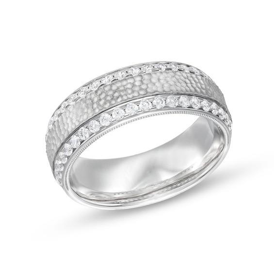 Men's 3/4 CT. T.w. Diamond Edge Hammered Center Row Band in 10K White Gold Product Image