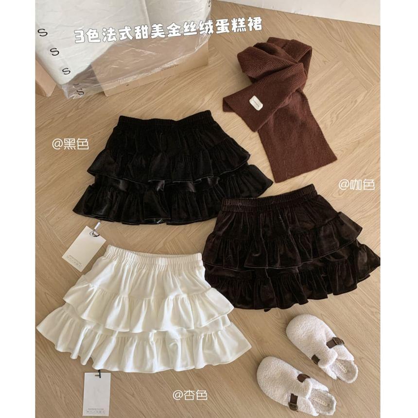 Elastic Waist Plain Tiered Velvet Mini A-Line Skirt Product Image