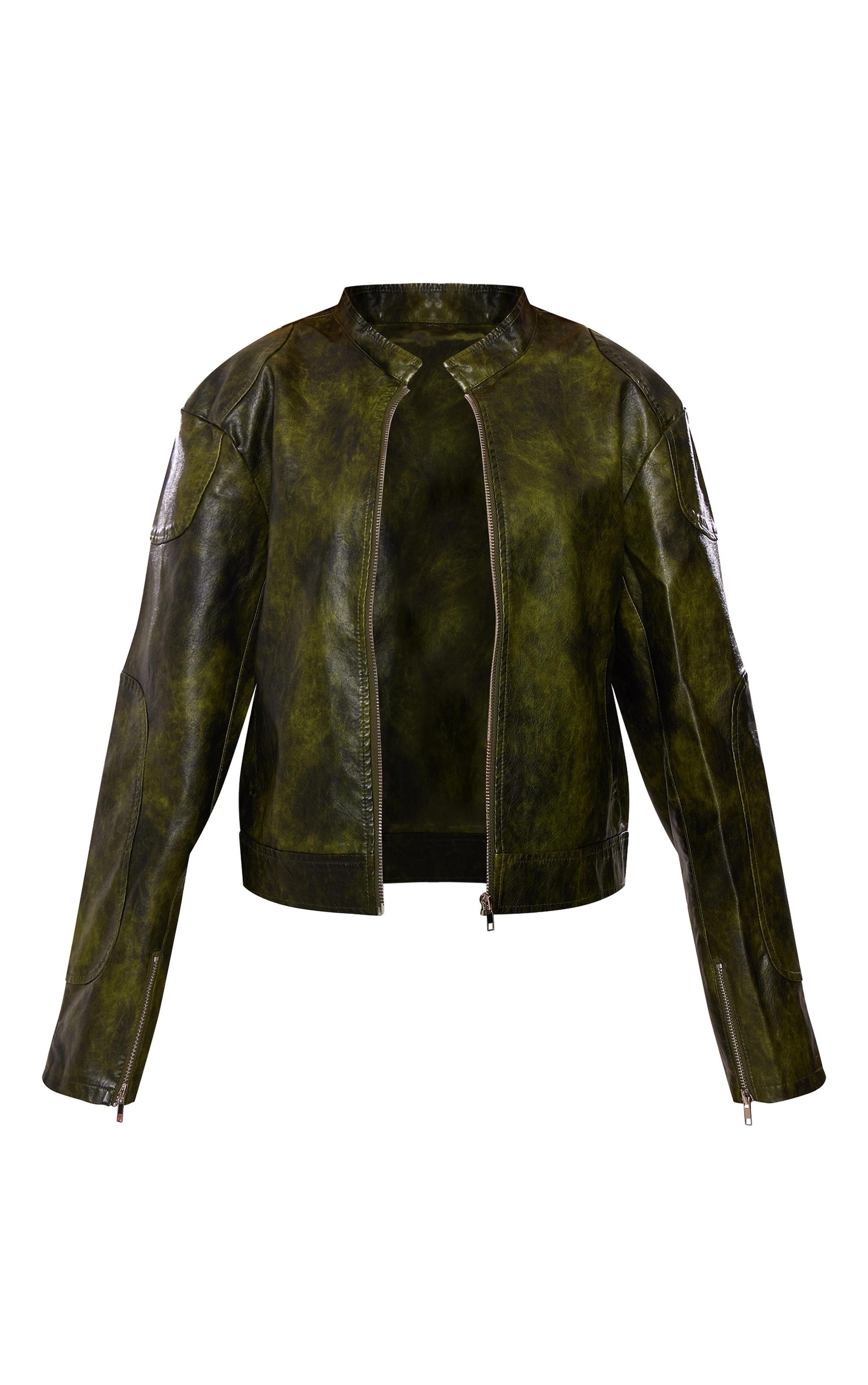 Dark Green Faux Leather Washed Boxy Biker Jacket Product Image