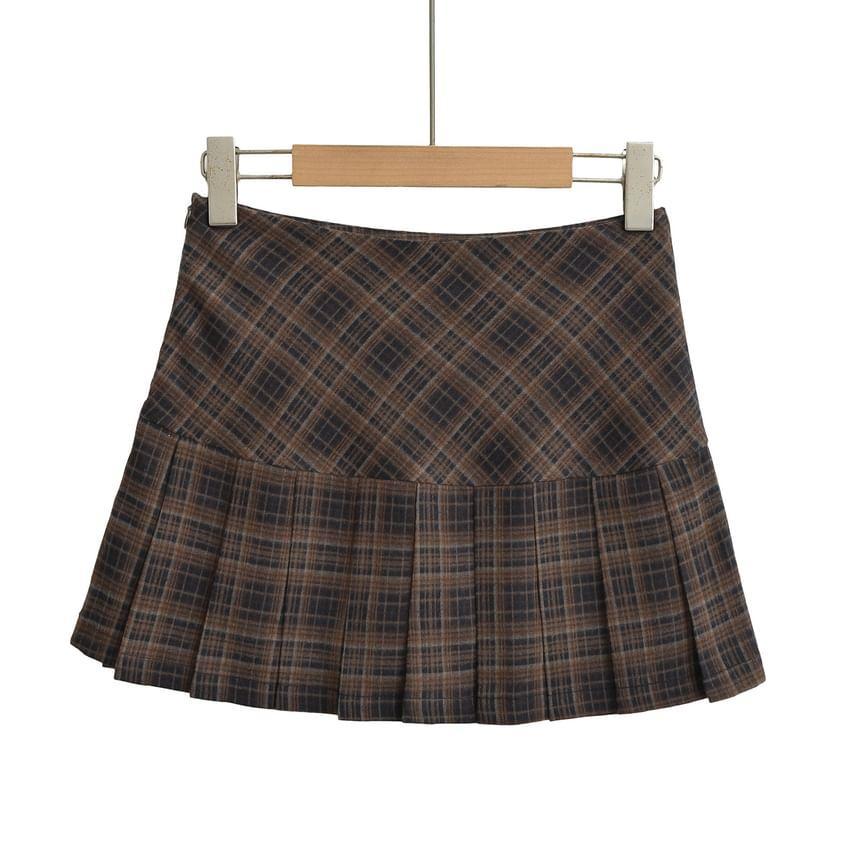 High Waist Plaid Mini Pleated A-Line Skirt Product Image