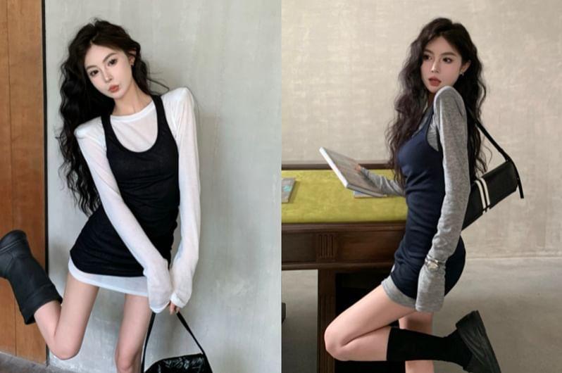 Long-Sleeve Crew Neck Plain Mini Bodycon Dress / Sleeveless Scoop Neck Plain Mini Bodycon Dress Product Image