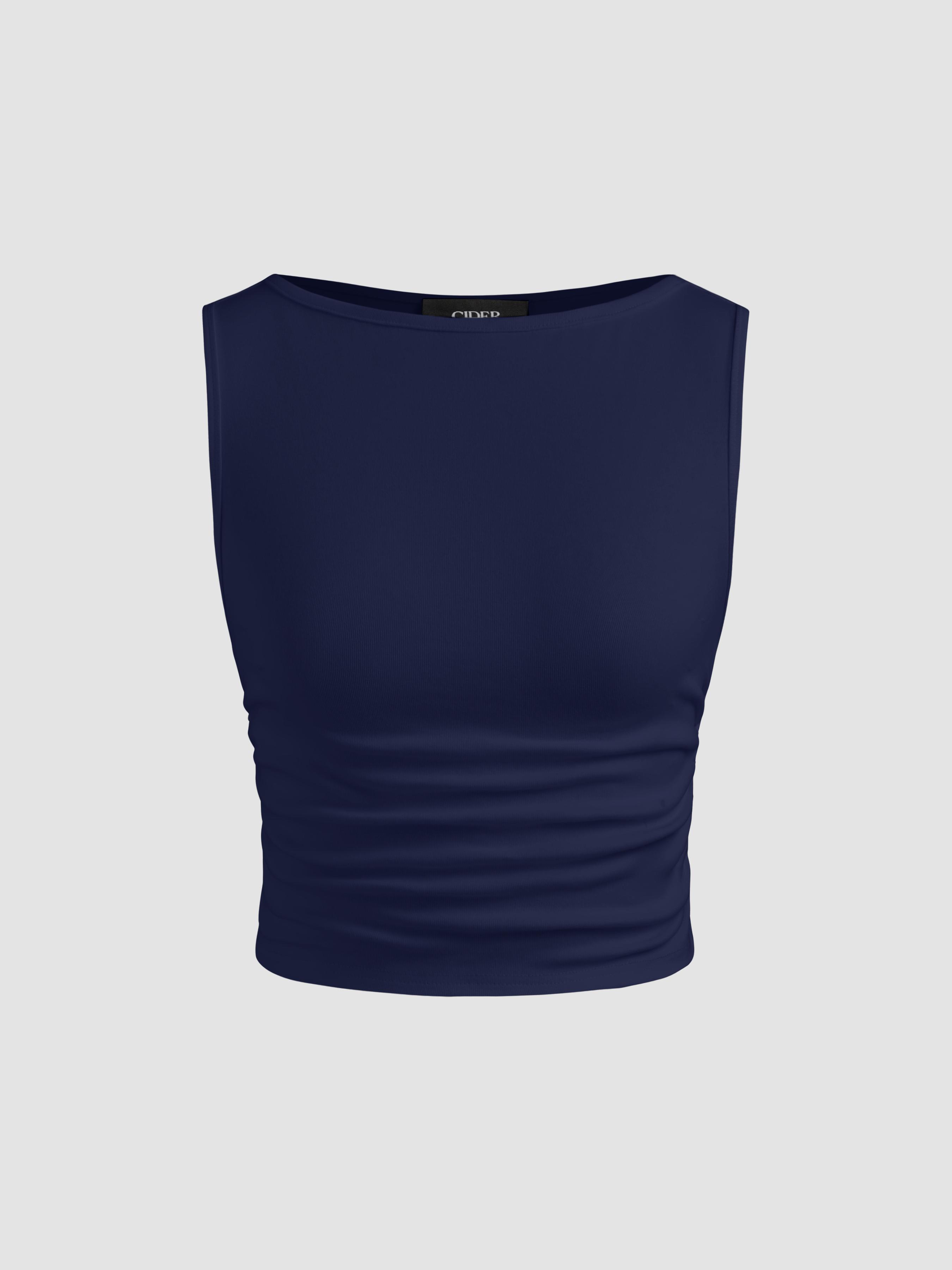 Boat Neck Ruched Solid Crop Tank Top Product Image