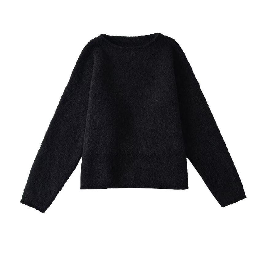 Long-Sleeve Round Neck Plain Sweater Product Image