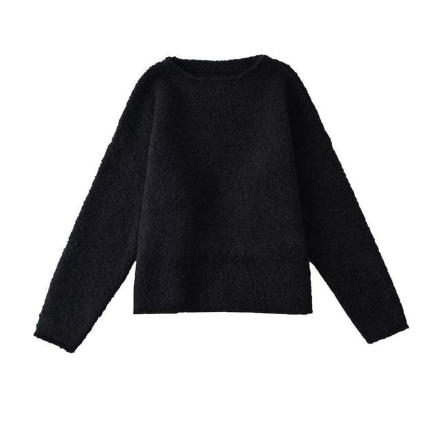 Long-Sleeve Round Neck Plain Sweater Product Image