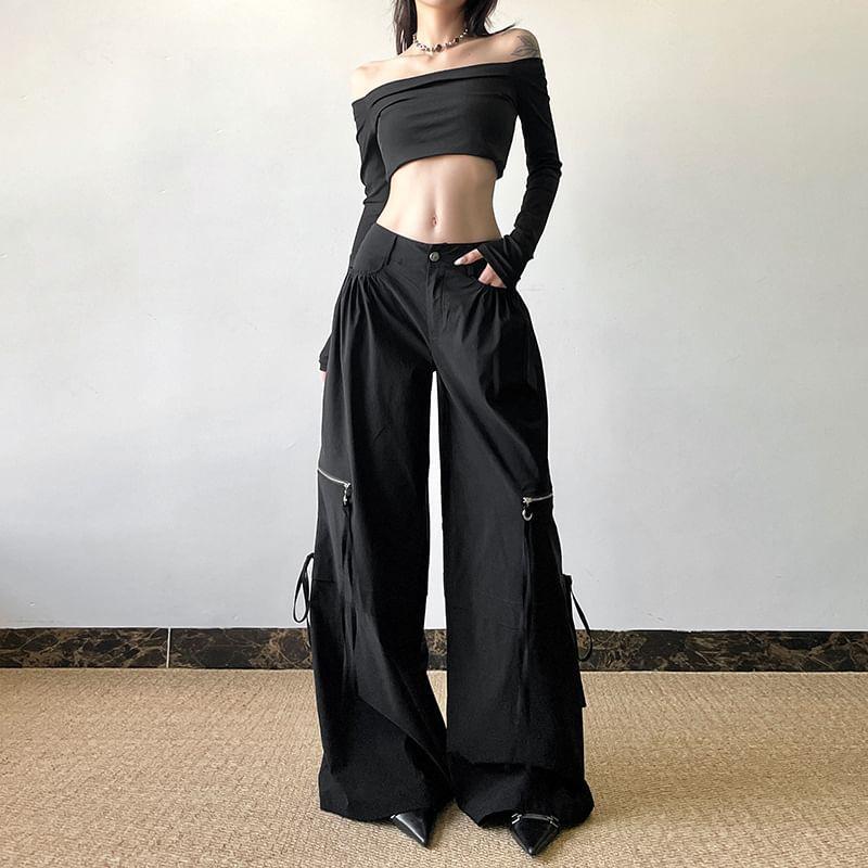 High Rise Plain Wide Leg Cargo Pants Product Image