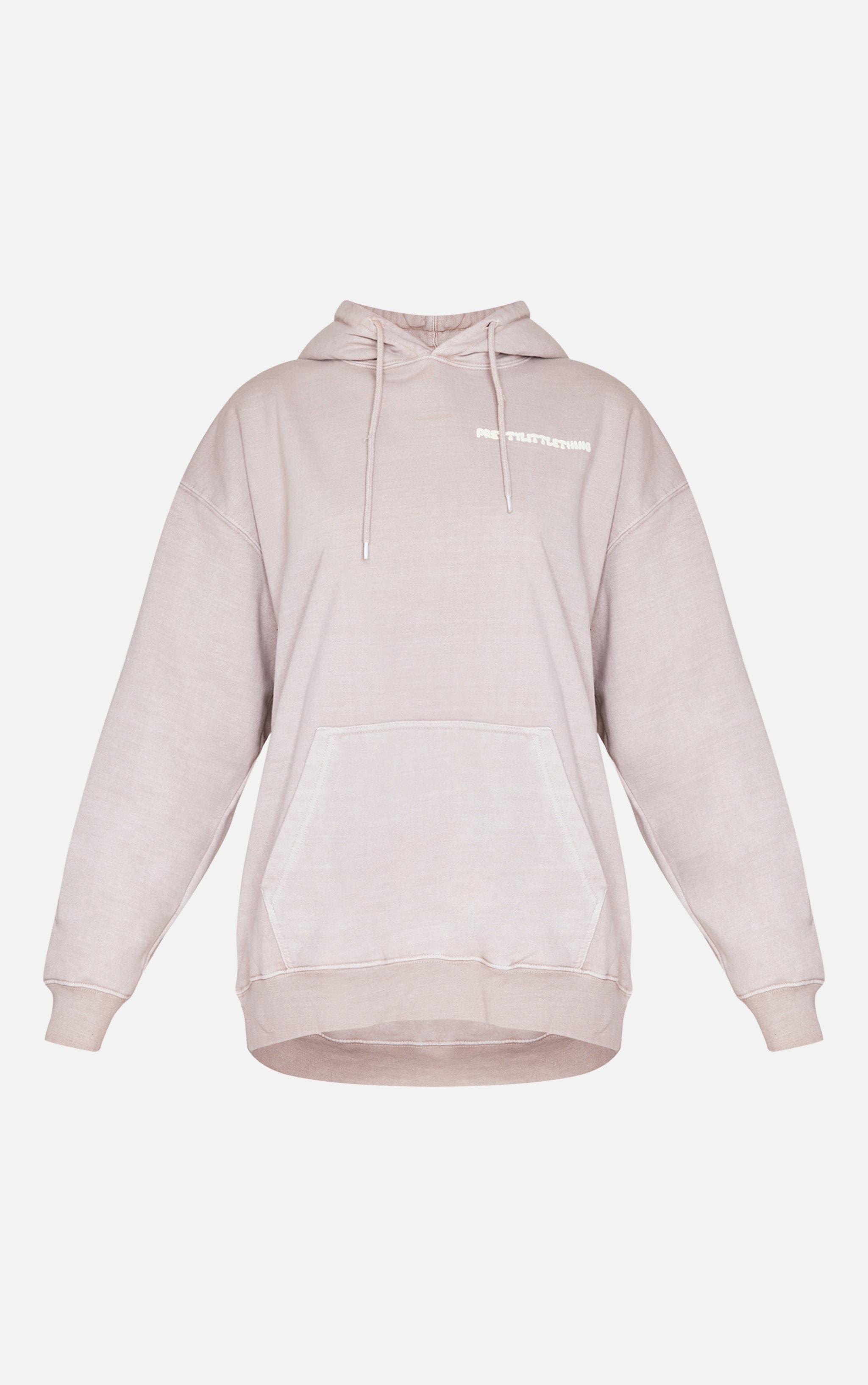 PRETTYLITTLETHING Taupe Puff Back Print Hoodie Product Image