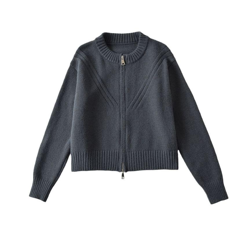 Crew Neck Plain Perforated Zip-Up Crop Cardigan Product Image