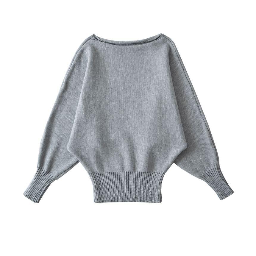 Set: Off-Shoulder Long-Sleeve Plain Pullover + High Waist Shorts Product Image