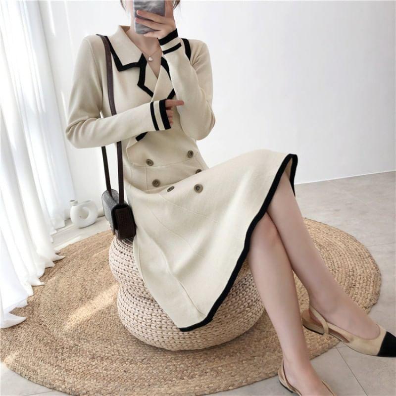 Long-Sleeve Double Breasted Knit A-Line Dress Product Image