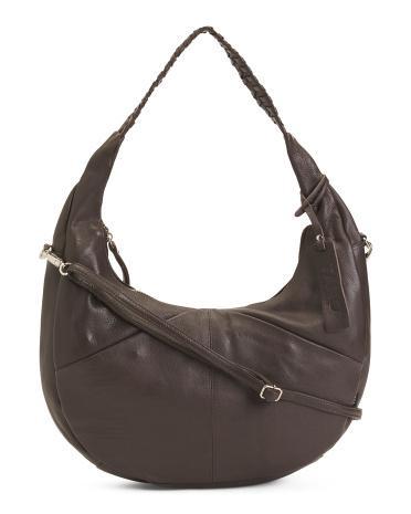 Large Leather Half Moon Top Zip Hobo With Whipstitch for Women Product Image