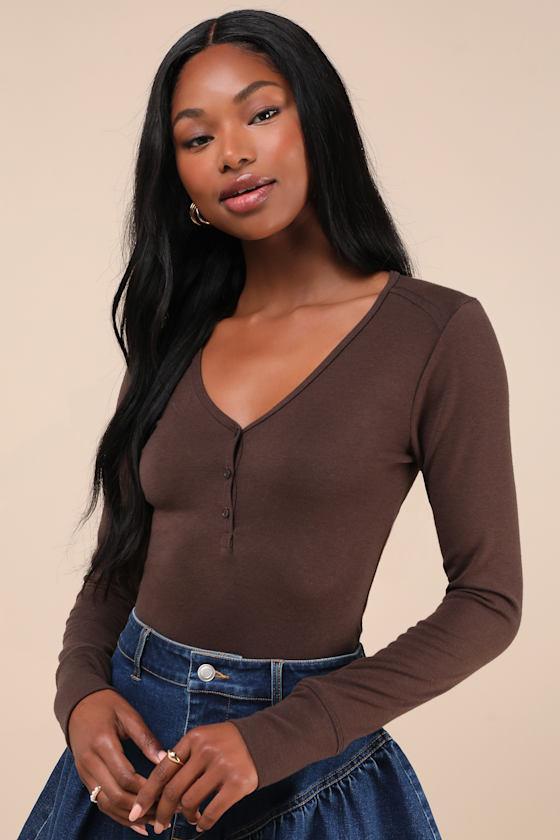 Sweet Guarantee Brown Long Sleeve Henley Top Product Image