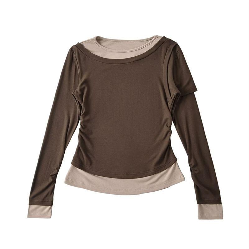 Long Sleeve Round Neck Mock Two Piece Ruched T-Shirt Product Image