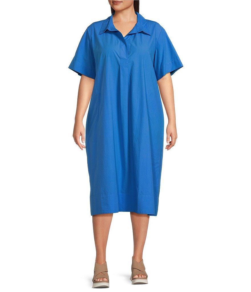 Eileen Fisher Plus Size Washed Organic Cotton Poplin Point Collar Elbow Sleeve Midi Shirt Dress Product Image