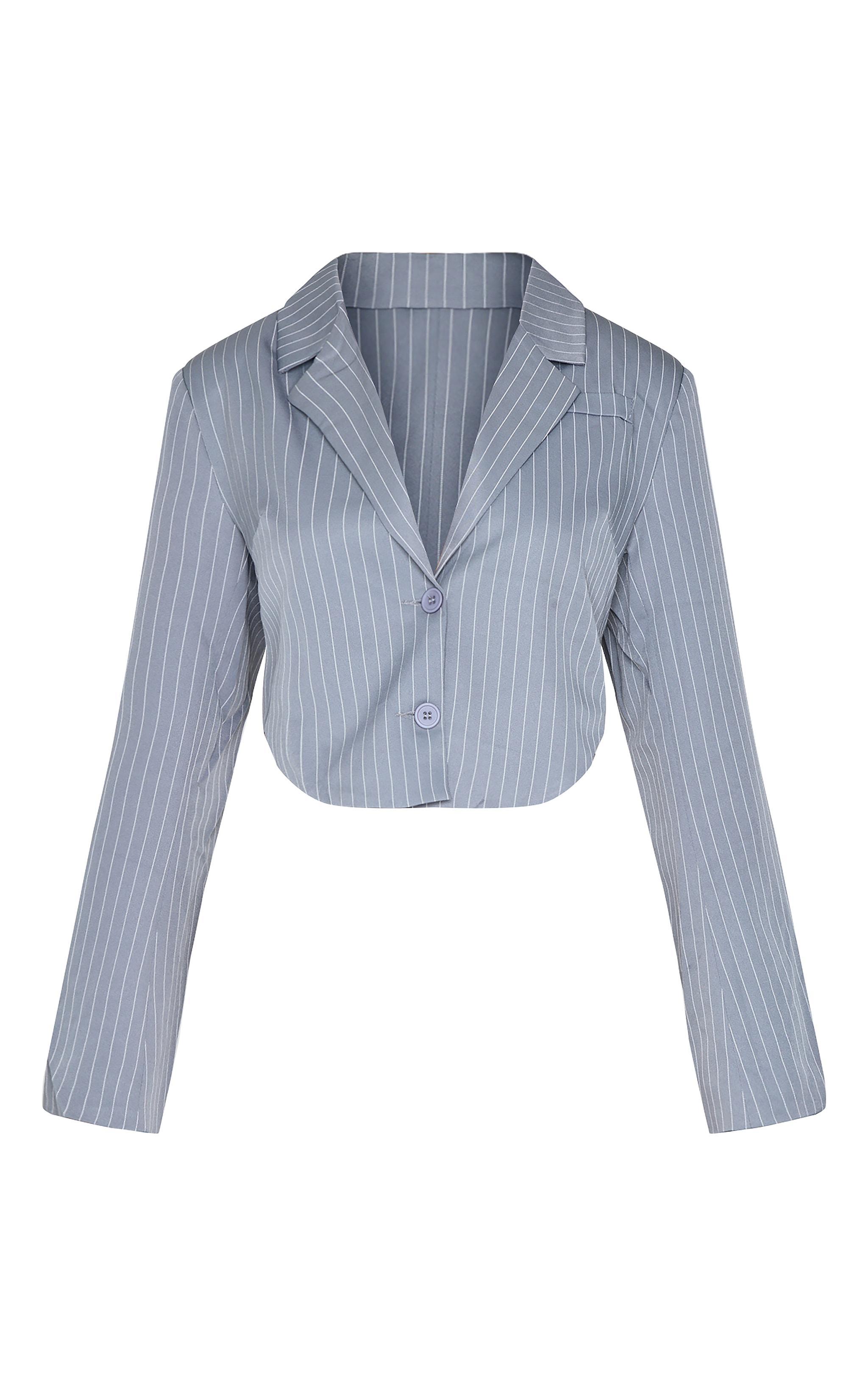 Grey Pinstripe Curved Hem Cropped Blazer Product Image