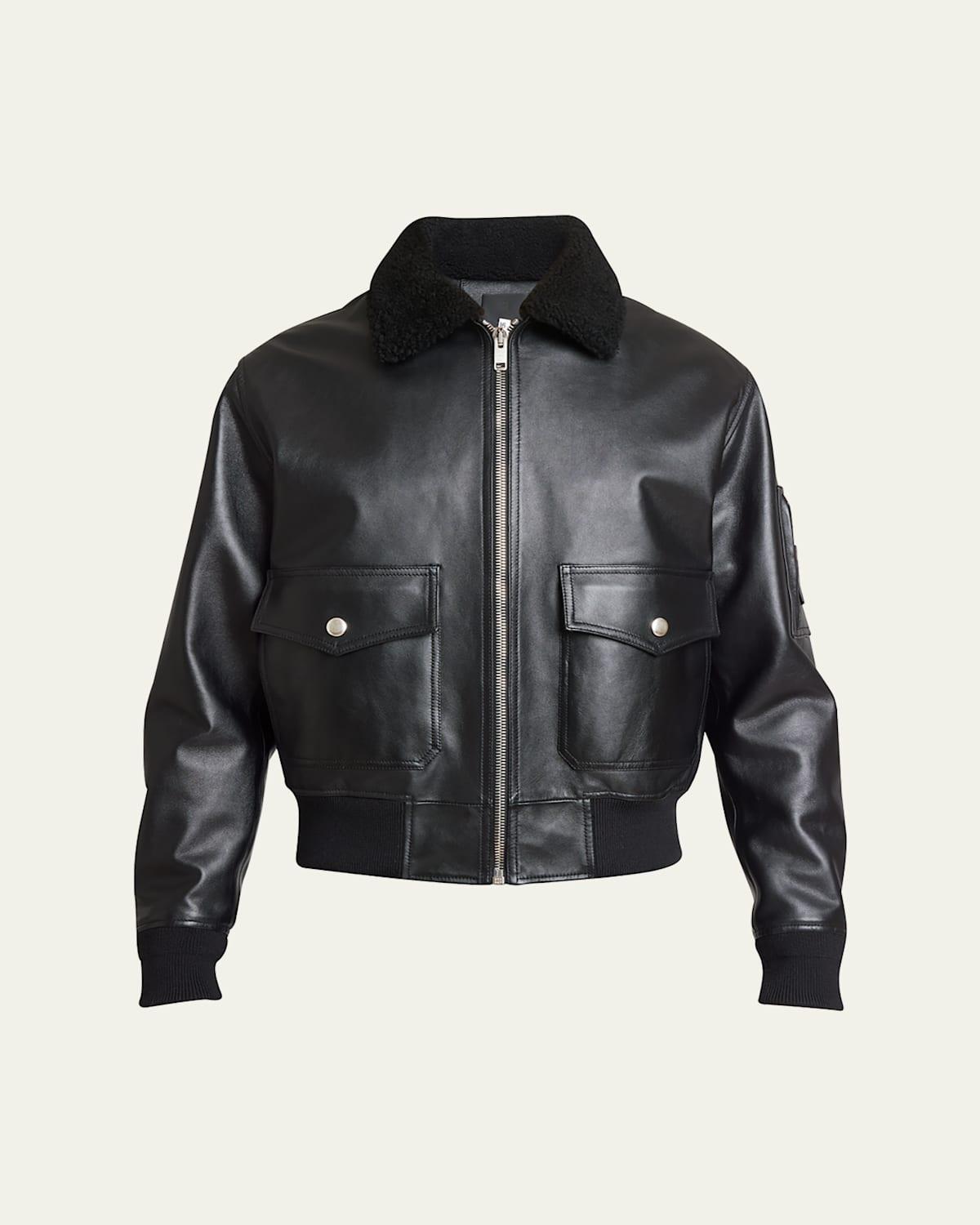 Mens Leather Aviator Jacket with Shearling Collar Product Image