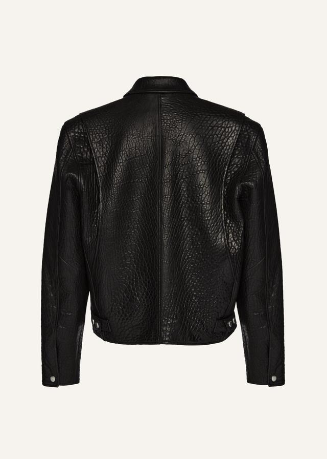 Boxy embossed leather zip jacket in black Product Image