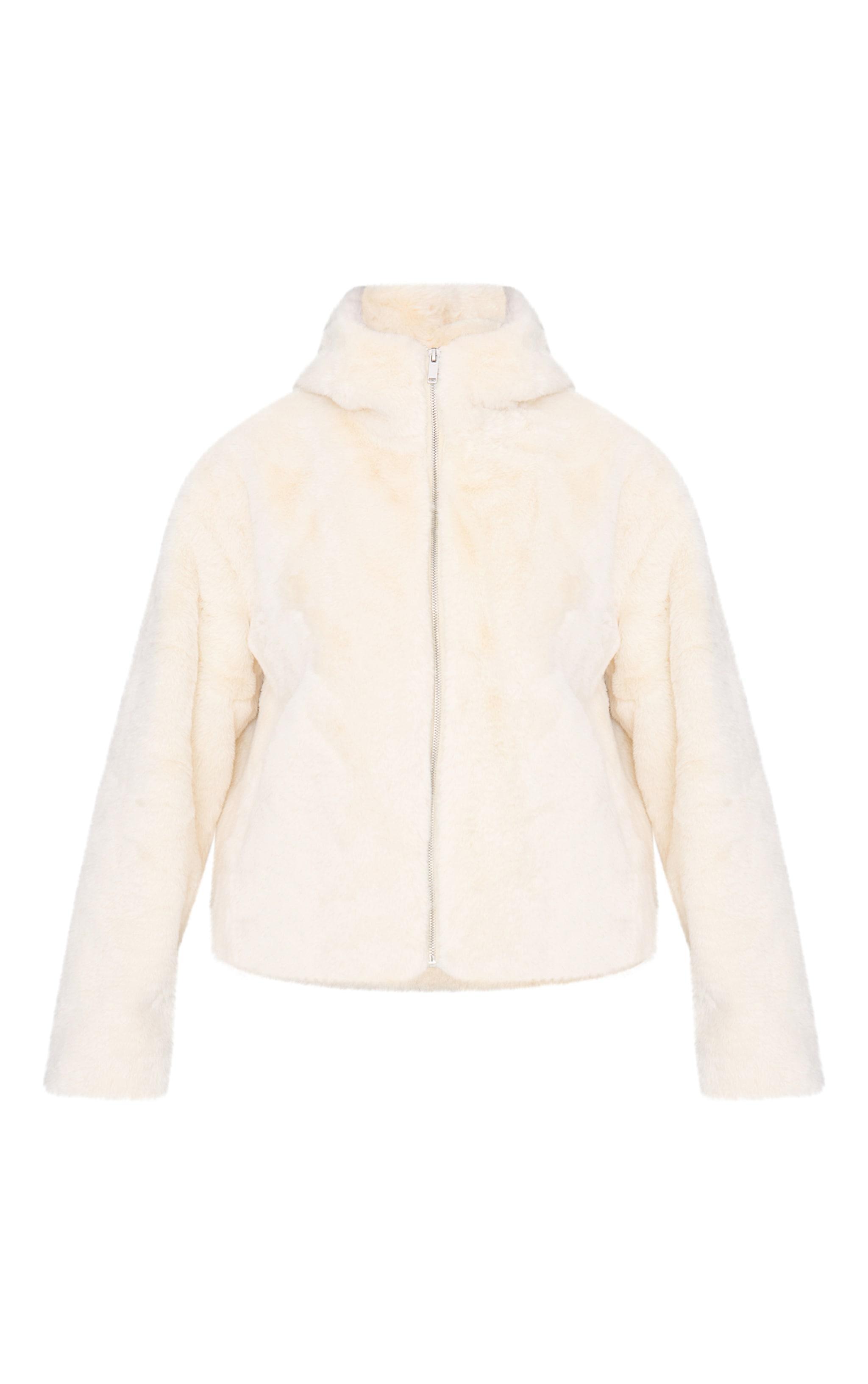 Cream Plush Faux Fur Hooded Zip Up Jacket Product Image