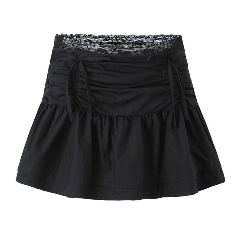 High Waist Plain Ruched Bow Lace Trim Mini A-Line Skirt Product Image