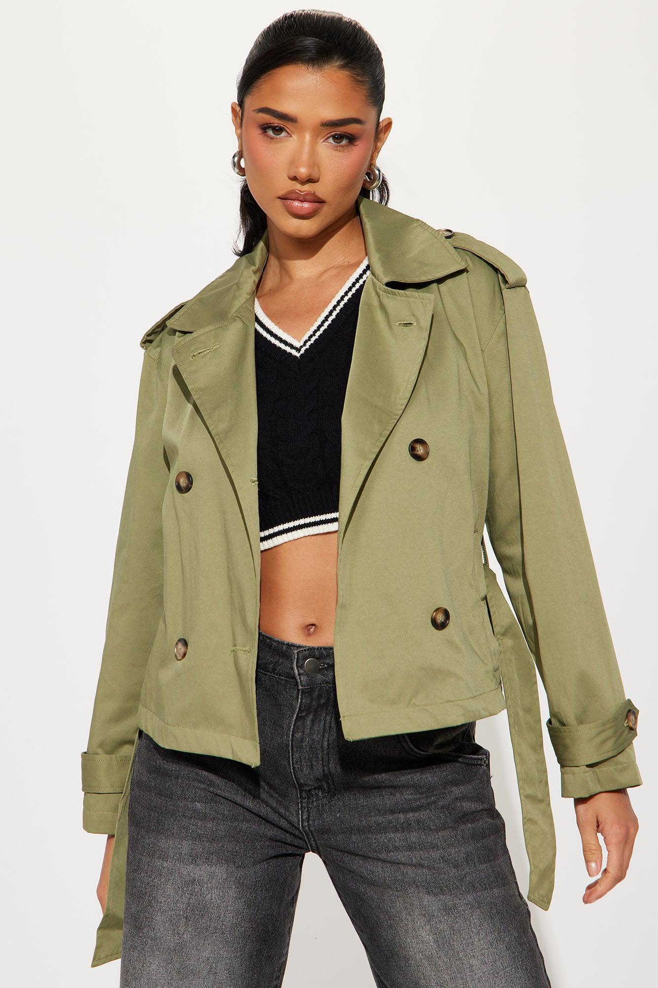 Maple Belted Cropped Trench Coat - Olive Product Image